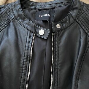 Express Women's Black Leather Jacket with Quilted Detail